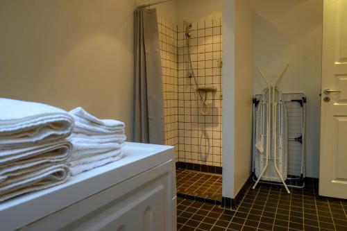 a bathroom with a shower and white towels on a counter at Best Stay Copenhagen Apartment 1470 in Copenhagen
