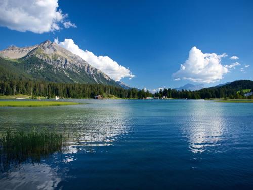een groot meer met een berg op de achtergrond bij Schweizerhof Ferienwohnungen Lenzerheide 1 in Lenzerheide