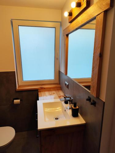 a bathroom with a sink and a large window at Vintage House in Augustów