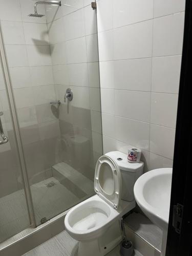 a bathroom with a shower and a toilet and a sink at Mobile Unique Apt in Ikeja