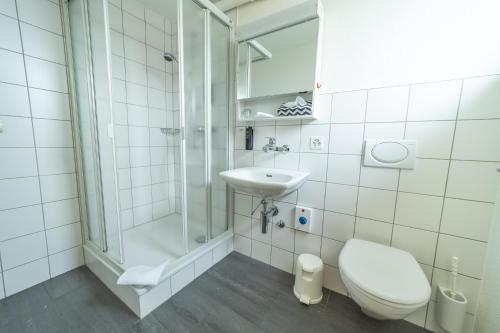 a bathroom with a shower and a toilet and a sink at Dialoghotel Eckstein in Zug