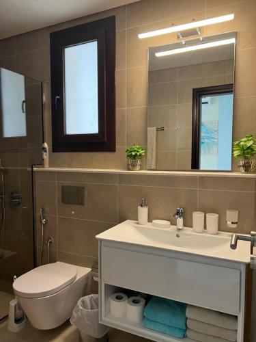 a bathroom with a sink and a toilet and a mirror at Oriole Havana Salalah in Salalah