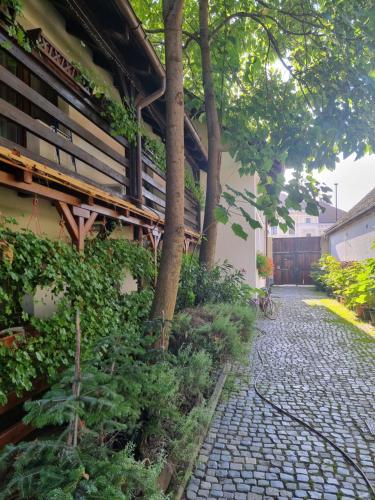 a walkway next to a building with a tree at Munich Residence in Cristian