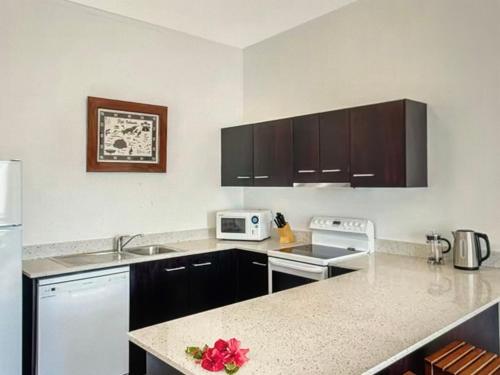 a kitchen with black cabinets and white appliances at Fiji superbe views in Ndenarau Island