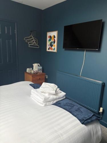 a bedroom with a bed with a flat screen tv on the wall at Hotel Plas Hyfryd in Narberth
