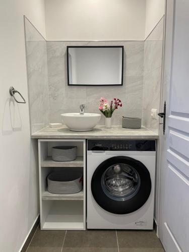 a bathroom with a washing machine and a sink at Casa di Sole in Sotta