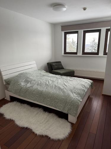 a bedroom with a bed and a chair and a rug at Cozy Urban Escape in Otepää