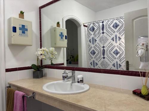 a bathroom with a sink and a mirror at Panoramic View Balcón del Atlántico in Adeje