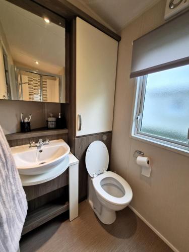 a bathroom with a sink and a toilet and a mirror at Sylvia's Sunrise Caravan Skegness Southview in Winthorpe