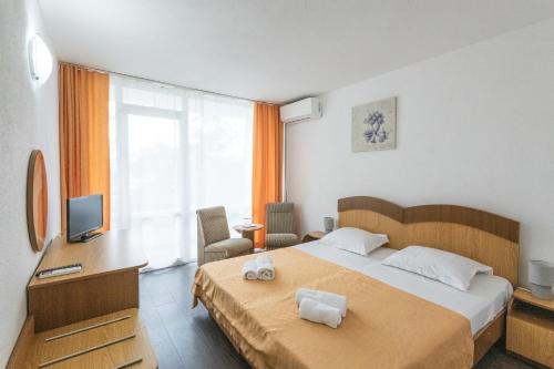 ein Hotelzimmer mit Bett und Fernseher in der Unterkunft Hotel Siret Saturn in Saturn