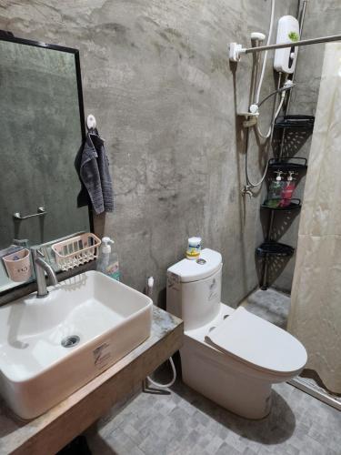 a bathroom with a sink and a toilet and a mirror at Balay Yuhom in General Luna
