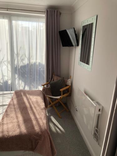 a bedroom with a bed and a chair and a television at Basingstoke En Suite Room in Garden Annex in Basingstoke