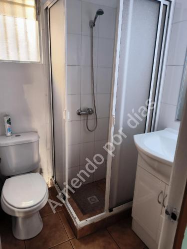 a bathroom with a shower and a toilet and a sink at Casa Sierra Nevada in Antofagasta
