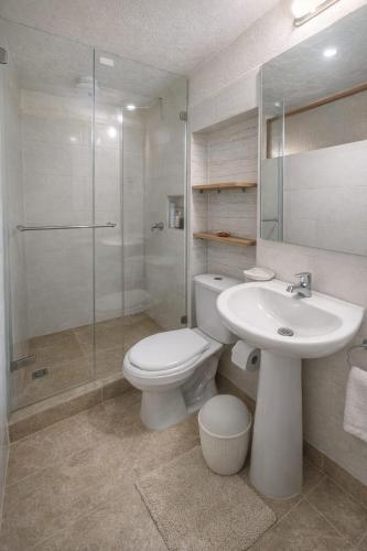 a bathroom with a toilet and a sink and a shower at El Jardín cerca Aeropuerto de Pasto, comodidad y descanso in Chachagüí