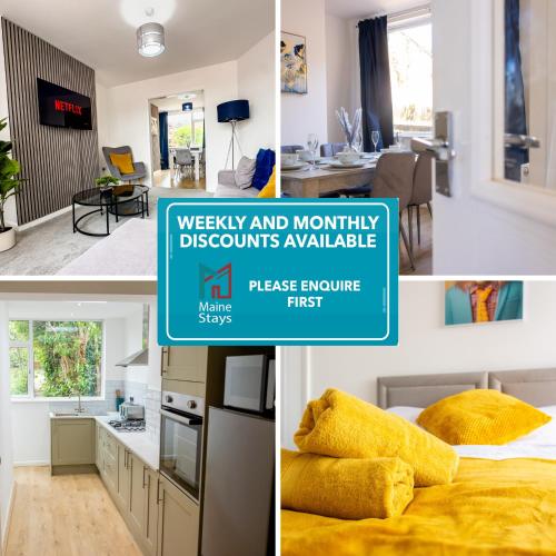a collage of photos of a kitchen and a living room at Modern 3 Bedroom Home, 6 beds, Free Parking, 500MBS, Netflix, Near Coventry City Centre & Hospital, Contractors, Families, Apple Air Play in Coventry