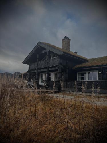 a large house with a porch on a field at Great mountain cabin with 12 beds in Vågsli