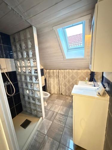 a bathroom with a shower and a sink and a toilet at Cabin by the lake in Sveio
