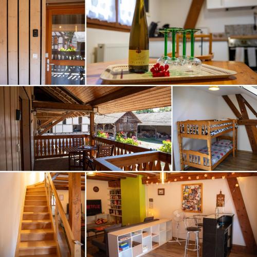 a collage of photos with a bottle of wine at Insolit'appart à la ferme in Horbourg
