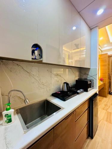 a kitchen with a sink and a counter top at Urban Luxury Studio Apartment in Greater Noida