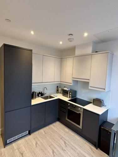 a kitchen with white cabinets and black appliances at 6 Aviv Place in Addlestone