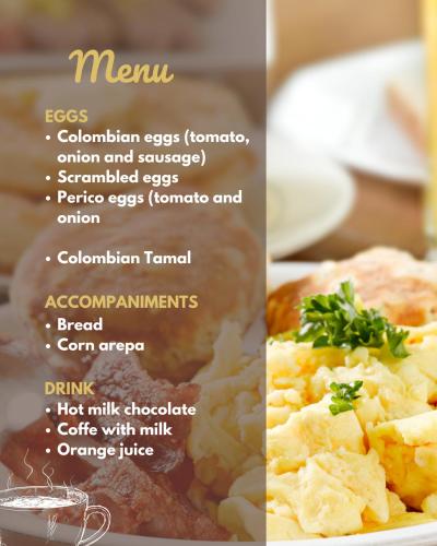 a menu of food items on a plate at Habitación doble Monarca 2 ó 3 camas in Barichara