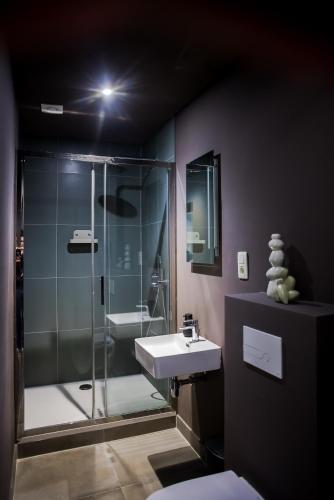 a bathroom with a glass shower and a sink at ROMY ANTWERP Sint-Jansvliet in Antwerp