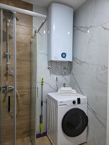 a washing machine in a bathroom with a shower at Zara in Bar