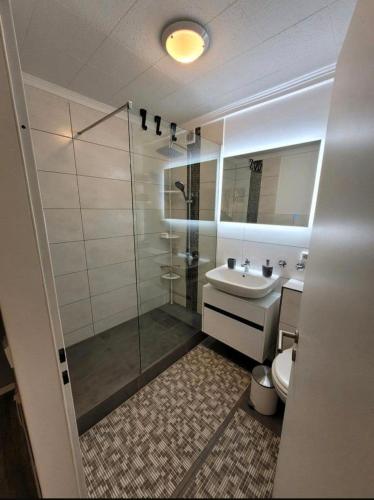 a bathroom with a shower and a sink and a toilet at Sarra&Mo Ferienwohnung in Duisburg