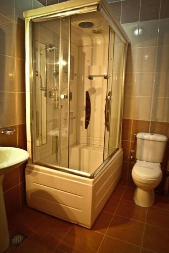 a bathroom with a shower and a toilet at Hotel Porta 26 in Skopje