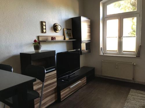 a living room with a tv and a window at Gutshaus Breesen in Laage