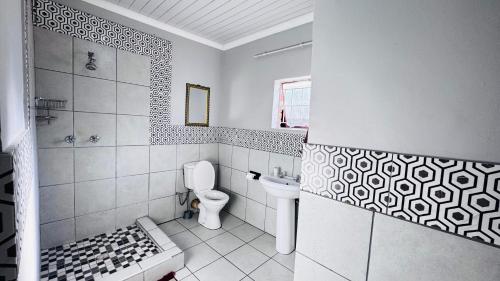 a white bathroom with a toilet and a sink at Village Boiketlo in Bloemfontein