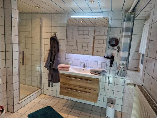 a bathroom with a sink and a shower and a mirror at Ferienwohnung Graf Konrad in Grafenau