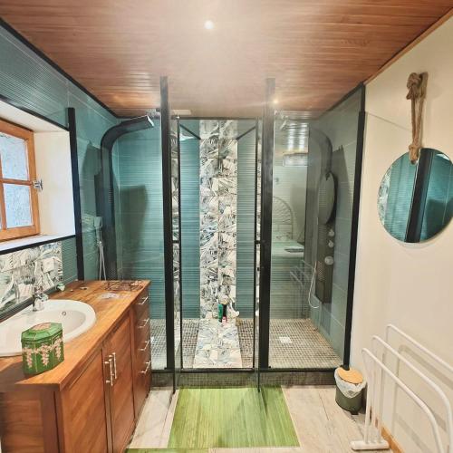 a bathroom with a shower and a sink at Domaine du plô, Tarn in Trévien
