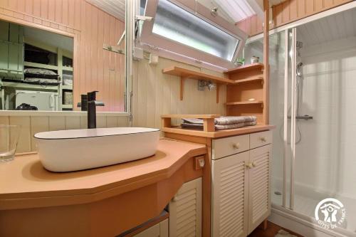 a bathroom with a sink and a shower at Au blavet douillet in Lochrist