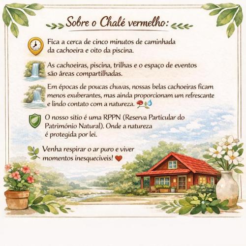 a page of a flyer with a house at Chalé Vermelho - Sítio Caldeirão in Araras Petropolis