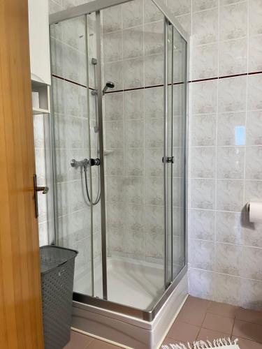 a shower with a glass door in a bathroom at Apartmani Hranjec in Ugljan