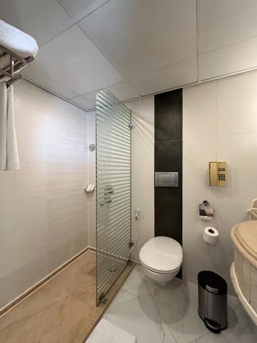 a bathroom with a toilet and a glass shower at Borg El Arab Beach Resort in Dawwār ‘Abd al Qādir Qāsim