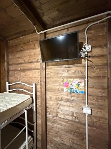 a room with a wall with a tv and a bed at Area Sosta Camper Policoro in Policoro
