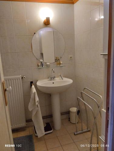 a bathroom with a sink and a mirror at La Chambre Périgourdine in Journiac