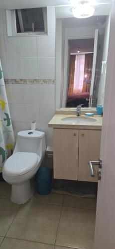 a bathroom with a white toilet and a sink at Playa Las Torpederas in Valparaíso