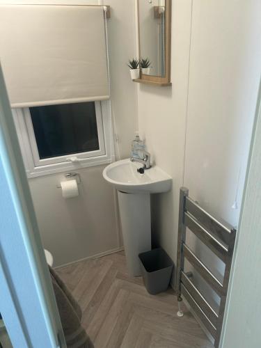 a small bathroom with a sink and a window at Eyemouth caravan for rent in Eyemouth