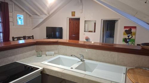 a kitchen with a sink and a counter top at Spacious 2 beds flat in Grande-Terre center in Morne-à-lʼEau