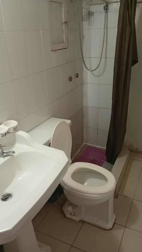 a bathroom with a white toilet and a sink at Departamento interior centro de el tabo in El Tabo