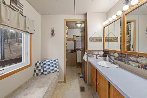 a bathroom with a sink and a mirror at Prairie Creek Cabin Getaway in Rapid City