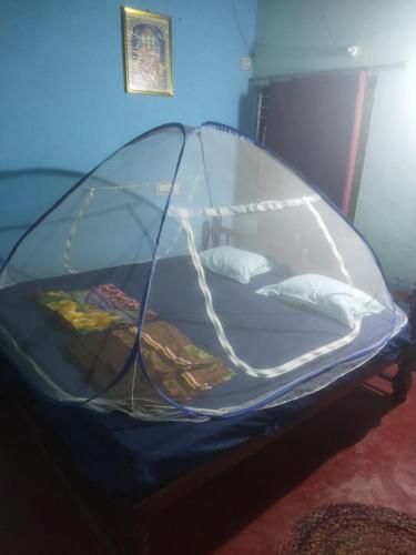 a bed with a glass canopy in a room at Ocean Sparrow Home Stay in Gokarna