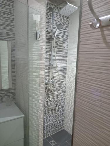 a shower with a glass door in a bathroom at Appartement pieds dans l'eau Aghroud in Tamri