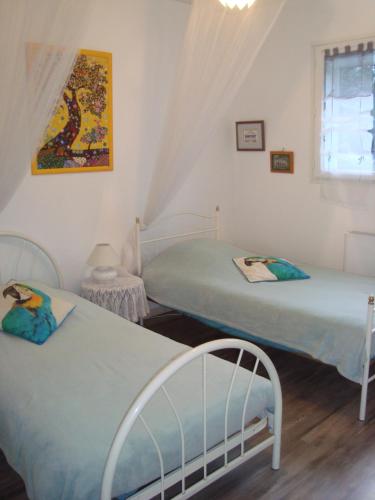 two twin beds in a room with a window at Maison dans un écrin de verdure in Sorèze
