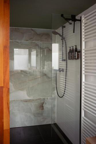 a bathroom with a shower with a glass wall at City Attic Haarlem in Haarlem