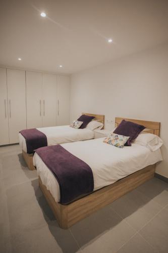 two beds in a room with white walls at Casas del Pedregal Apartamento 1 in A Estrada