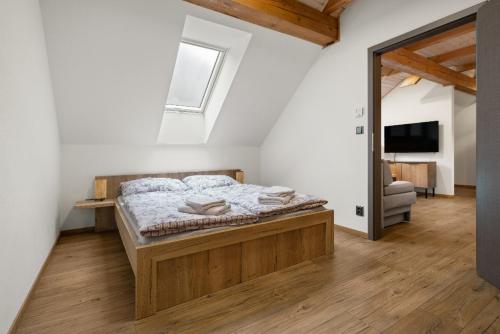a bedroom with a bed and a television in a room at Chalupa u Rašovských in Jasenice